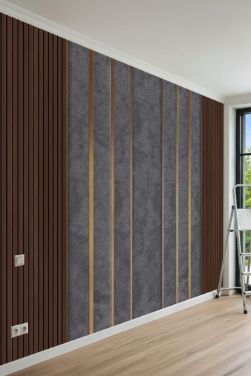 Dreamwall Ahşap Çıtalar,Kumaş Dokusu ve Şerit Görünümlü Tek Parça Tekstil Duvar Kağıdı küçük görsel 2