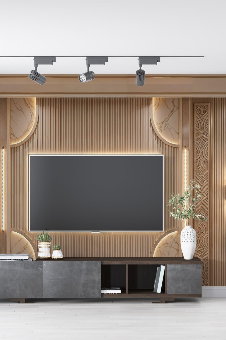 Dreamwall Ahşap Çıtalı Paneller, Altın Geometrik Pano ve Aydınlatmalı Mermer Detaylı Tek Parça Tekst...
