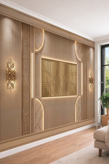 Dreamwall Ahşap Çıtalı Paneller, Altın Geometrik Pano ve Aydınlatmalı Mermer Detaylı Tek Parça Tekstil Duvar Kağıdı  küçük görsel 2
