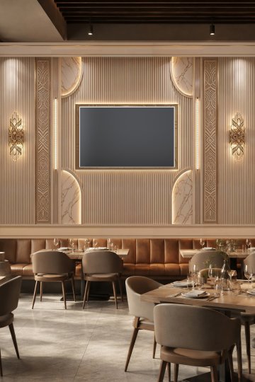 Dreamwall Ahşap Çıtalı Paneller, Altın Geometrik Pano ve Aydınlatmalı Mermer Detaylı Tek Parça Tekstil Duvar Kağıdı  küçük görsel 3
