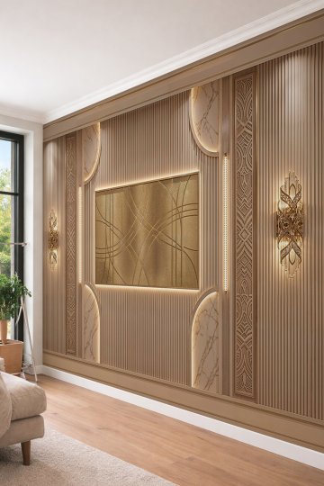 Dreamwall Ahşap Çıtalı Paneller, Altın Geometrik Pano ve Aydınlatmalı Mermer Detaylı Tek Parça Tekstil Duvar Kağıdı  küçük görsel 4