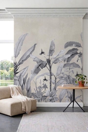 Dreamwall Ahşap Çıtalı Tropikal Yaprak Desenli Modern Tek Parça Tekstil Duvar Kağıdı