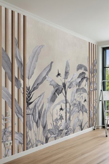 Dreamwall Ahşap Çıtalı Tropikal Yaprak Desenli Modern Tek Parça Tekstil Duvar Kağıdı küçük görsel 2