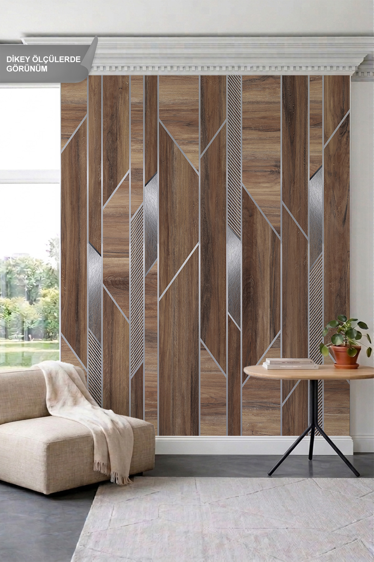 Dreamwall Ahşap Doku Geometrik Çizgi ve Metalik Desenli Tek Parça Tekstil Duvar Kağıdı görsel 1