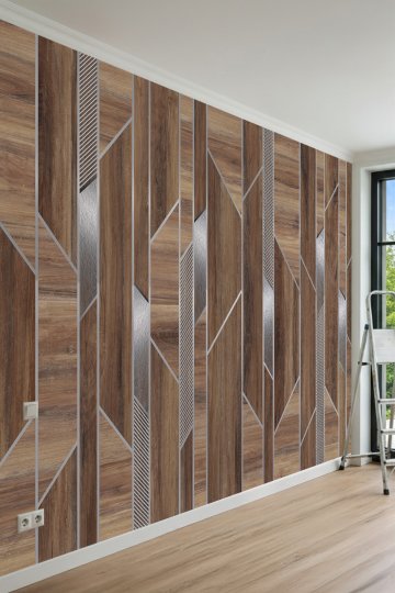 Dreamwall Ahşap Doku Geometrik Çizgi ve Metalik Desenli Tek Parça Tekstil Duvar Kağıdı küçük görsel 2