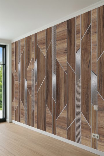 Dreamwall Ahşap Doku Geometrik Çizgi ve Metalik Desenli Tek Parça Tekstil Duvar Kağıdı küçük görsel 3