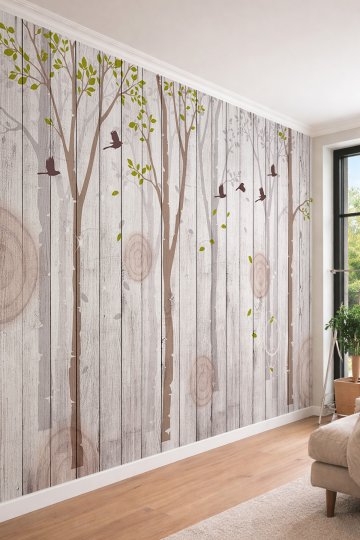 Dreamwall Ahşap Panel Görünümlü Huş Ağacı ve Kuşlar Temalı Tek Parça Tekstil Duvar Kağıdı