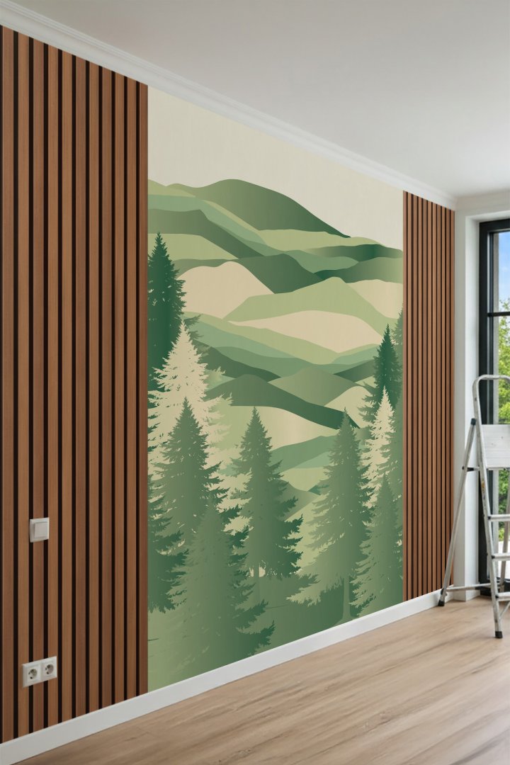Dreamwall Ahşap Panel Görünümlü İskandinav Koyu Orman Manzaralı Tek Parça Tekstil Duvar Kağıdı