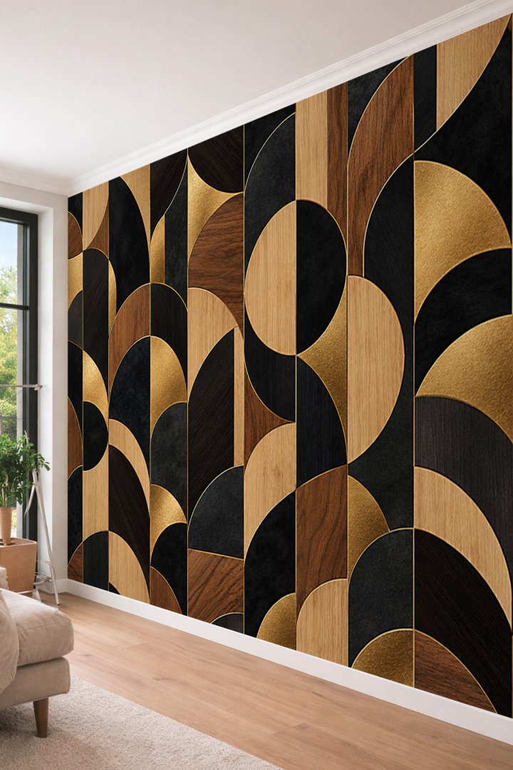 Dreamwall Ahşap, Siyah ve Altın Yaldızlı Geometrik Kemer ve Daire Motifli Tek Parça Tekstil Duvar Ka...