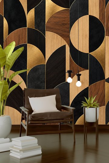 Dreamwall Ahşap, Siyah ve Altın Yaldızlı Geometrik Kemer ve Daire Motifli Tek Parça Tekstil Duvar Kağıdı  küçük görsel 2