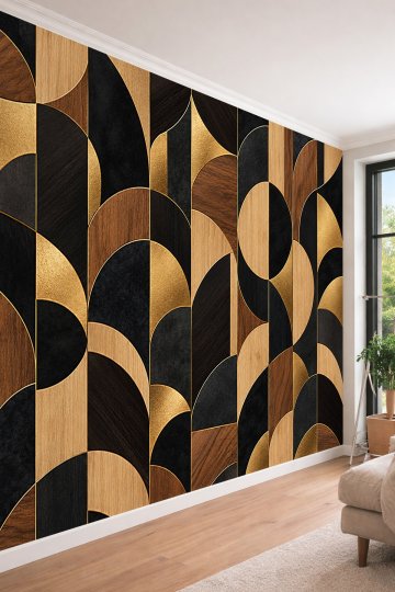 Dreamwall Ahşap, Siyah ve Altın Yaldızlı Geometrik Kemer ve Daire Motifli Tek Parça Tekstil Duvar Kağıdı  küçük görsel 3