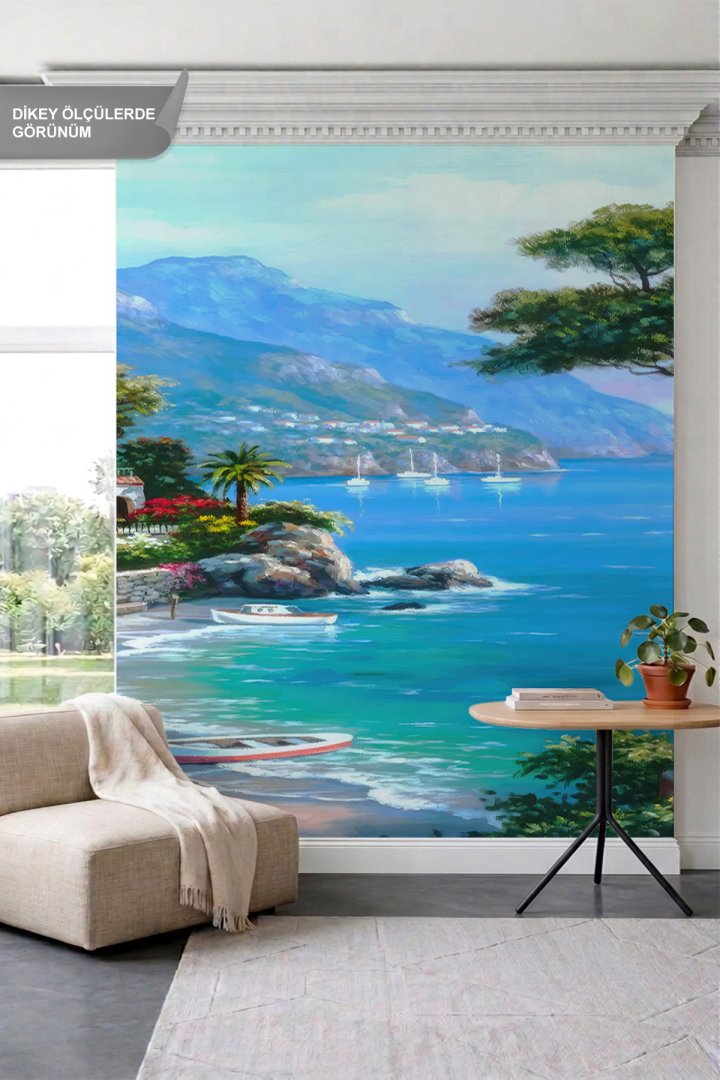 Dreamwall Akdeniz Sahil Kasabası Yağlı Boya Tablo Görünümlü Tek Parça Tekstil Duvar Kağıdı
