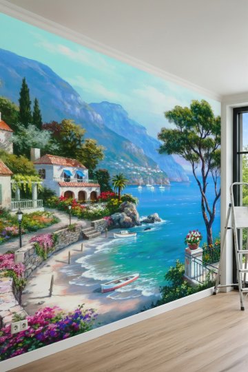 Dreamwall Akdeniz Sahil Kasabası Yağlı Boya Tablo Görünümlü Tek Parça Tekstil Duvar Kağıdı küçük görsel 2
