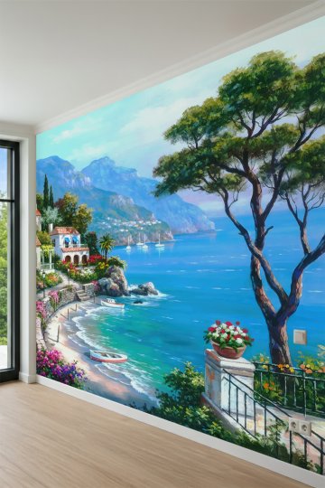 Dreamwall Akdeniz Sahil Kasabası Yağlı Boya Tablo Görünümlü Tek Parça Tekstil Duvar Kağıdı küçük görsel 3