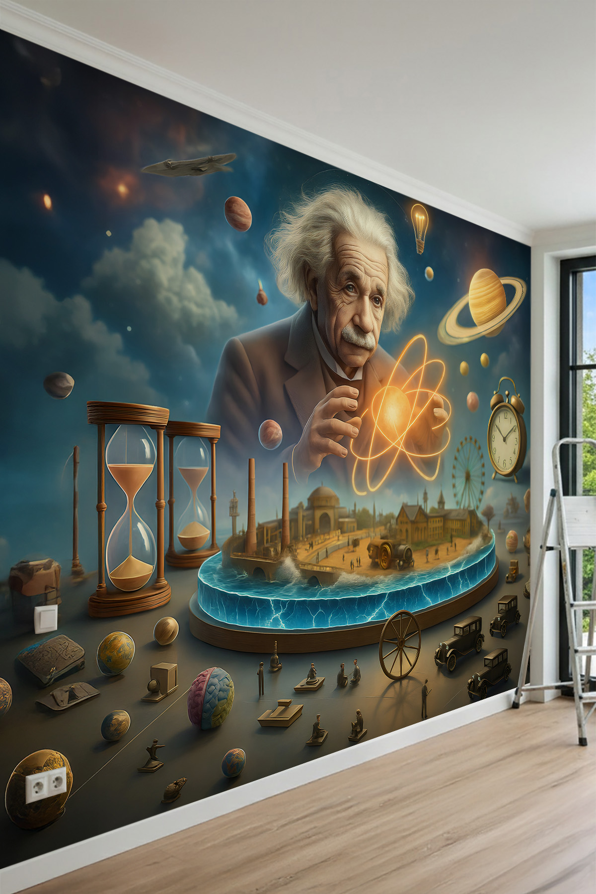 Dreamwall Albert Einstein, Atom Modeli, Gezegenler ve Zaman Temalı Tek Parça Tekstil Duvar Kağıdı görsel 1