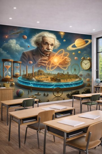 Dreamwall Albert Einstein, Atom Modeli, Gezegenler ve Zaman Temalı Tek Parça Tekstil Duvar Kağıdı küçük görsel 2
