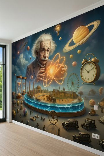 Dreamwall Albert Einstein, Atom Modeli, Gezegenler ve Zaman Temalı Tek Parça Tekstil Duvar Kağıdı küçük görsel 3