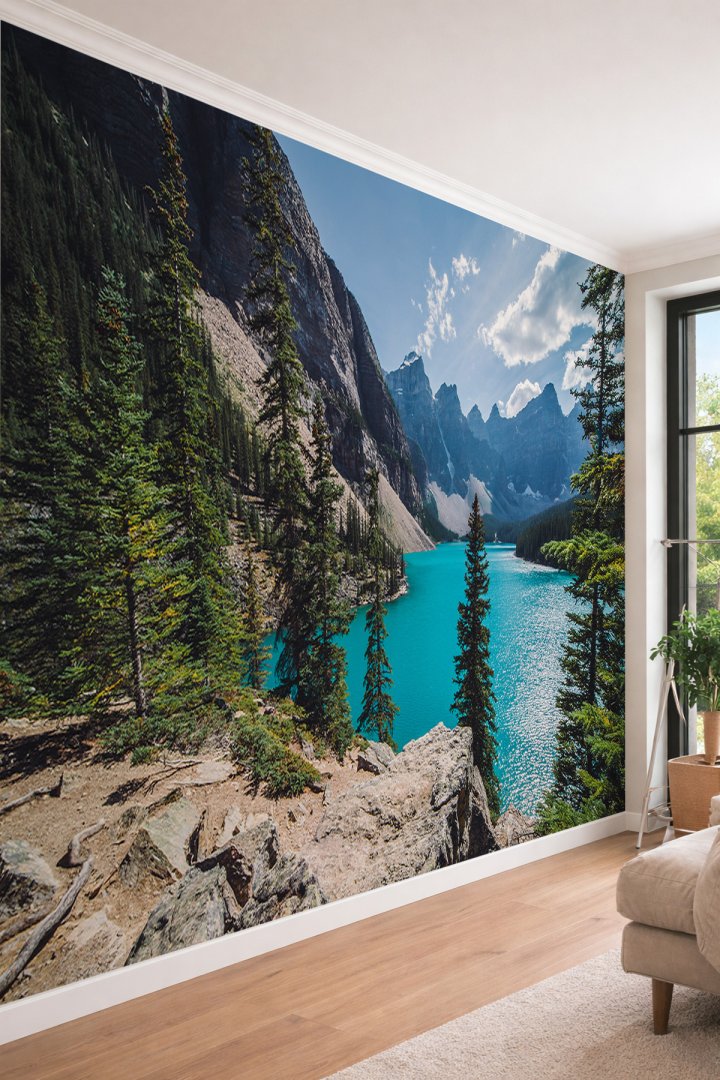Dreamwall Alp Gölü ve Çam Ormanı Manzaralı - 3D Doğa Temalı Tek Parça Tekstil Duvar Kağıdı