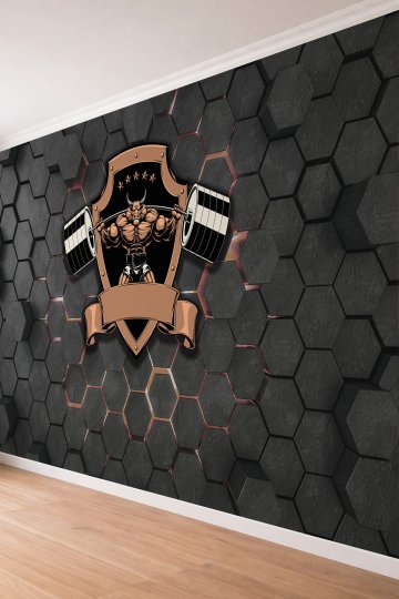 Dreamwall Altıgen Panel Üzerine Boğa Fitness Logolu Derinlikli Tek Parça Tekstil Duvar Kağıdı