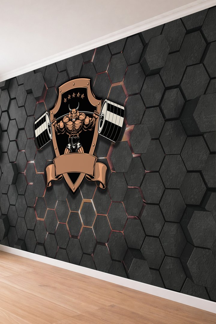 Dreamwall Altıgen Panel Üzerine Boğa Fitness Logolu Derinlikli Tek Parça Tekstil Duvar Kağıdı