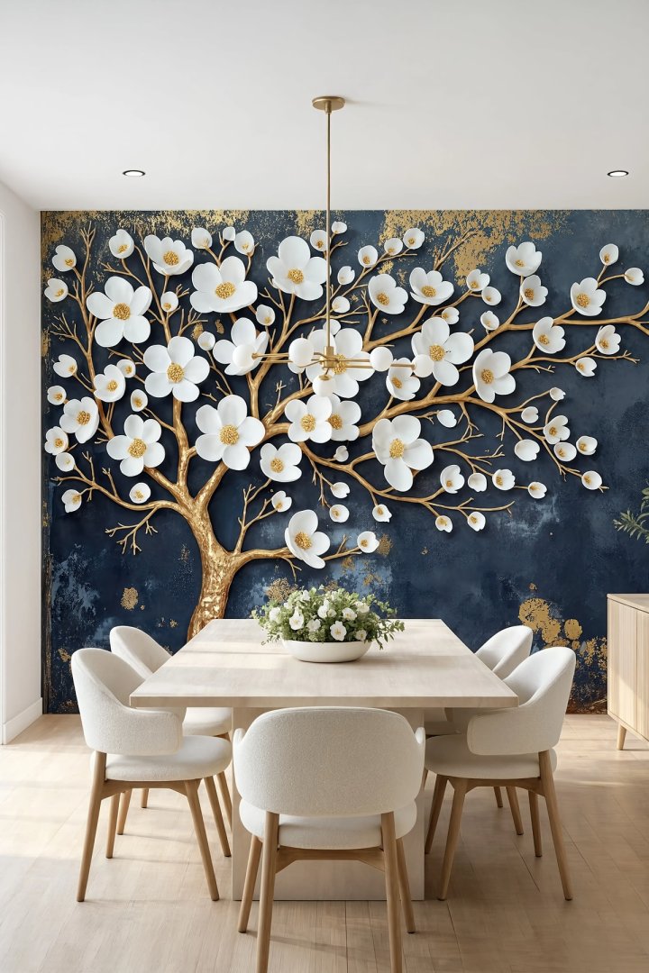 Dreamwall Altın Çiçek Ağacı- Çiçekli Ağaç Desenli Tek Parça Tekstil Duvar Kağıdı