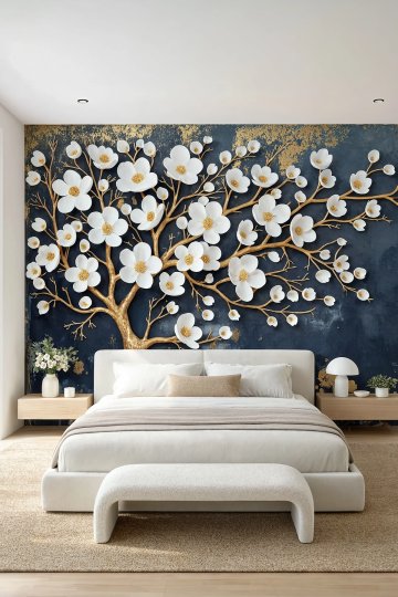 Dreamwall Altın Çiçek Ağacı- Çiçekli Ağaç Desenli Tek Parça Tekstil Duvar Kağıdı küçük görsel 2