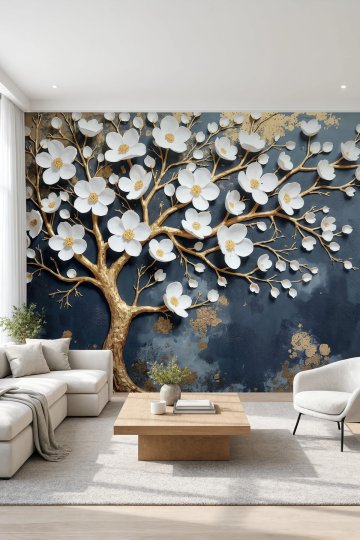 Dreamwall Altın Çiçek Ağacı- Çiçekli Ağaç Desenli Tek Parça Tekstil Duvar Kağıdı küçük görsel 4