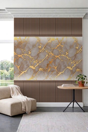 Dreamwall Altın Damarlı Mermer Desenli ve Ahşap Çıta Görünümlü Tek Parça Tekstil Duvar Kağıdı küçük görsel 2
