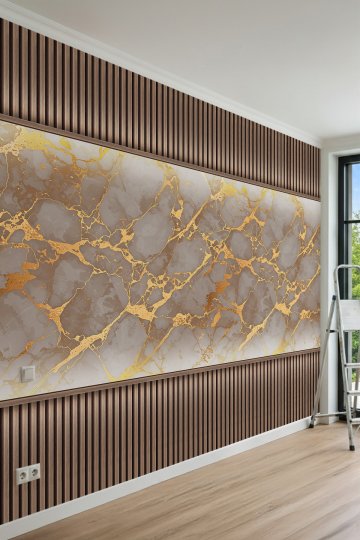Dreamwall Altın Damarlı Mermer Desenli ve Ahşap Çıta Görünümlü Tek Parça Tekstil Duvar Kağıdı