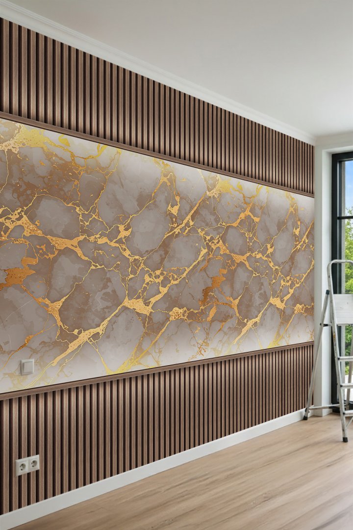 Dreamwall Altın Damarlı Mermer Desenli ve Ahşap Çıta Görünümlü Tek Parça Tekstil Duvar Kağıdı
