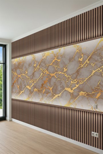 Dreamwall Altın Damarlı Mermer Desenli ve Ahşap Çıta Görünümlü Tek Parça Tekstil Duvar Kağıdı küçük görsel 3