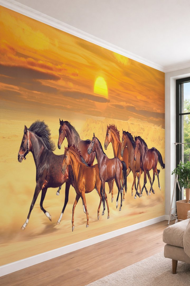 Dreamwall Altın Gün Batımı ve Koşan Atlar Temalı -Derinlik Etkili Tek Parça Tekstil Duvar Kağıdı