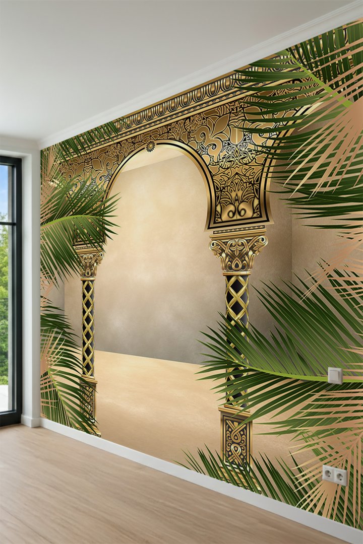 Dreamwall Altın İşlemeli Oriental Kemerler, Sütunlar ve Palmiye Dalları Tek Parça Tekstil Duvar Kağı...