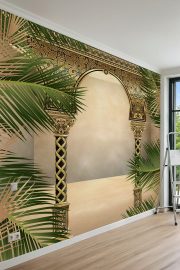 Dreamwall Altın İşlemeli Oriental Kemerler, Sütunlar ve Palmiye Dalları Tek Parça Tekstil Duvar Kağıdı küçük görsel 2