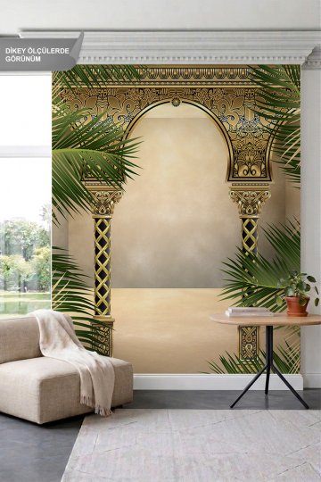 Dreamwall Altın İşlemeli Oriental Kemerler, Sütunlar ve Palmiye Dalları Tek Parça Tekstil Duvar Kağıdı küçük görsel 3