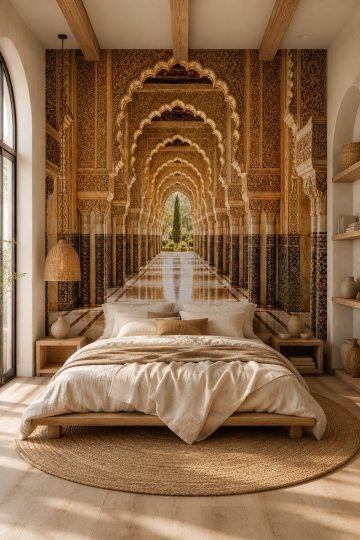 Dreamwall Altın Kemerler-Bahçeye Açılan Yaldızlı Sütunlar Desenli Tek Parça Tekstil Duvar Kağıdı küçük görsel 2