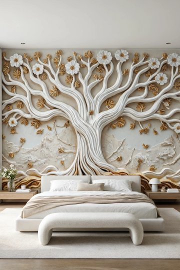 Dreamwall Altın Kökler- Çiçekli Ağaç Desenli Tek Parça Tekstil Duvar Kağıdı