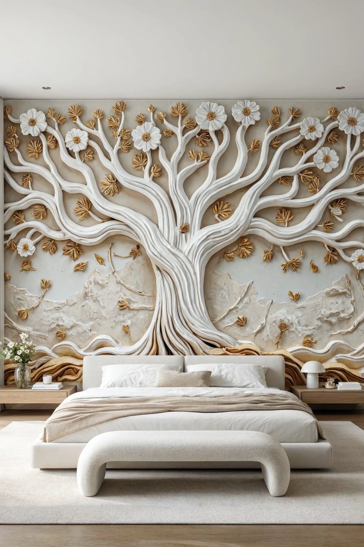 Dreamwall Altın Kökler- Çiçekli Ağaç Desenli Tek Parça Tekstil Duvar Kağıdı