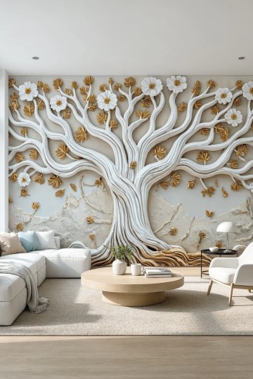 Dreamwall Altın Kökler- Çiçekli Ağaç Desenli Tek Parça Tekstil Duvar Kağıdı küçük görsel 2