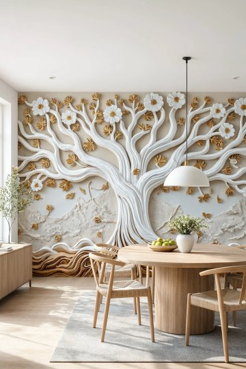Dreamwall Altın Kökler- Çiçekli Ağaç Desenli Tek Parça Tekstil Duvar Kağıdı küçük görsel 3