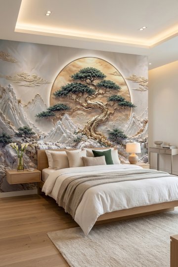 Dreamwall Altın Köklerin Efsanesi-Kabartmalı Gold Ağaç ve Ay Desenli Tek Parça Tekstil Duvar Kağıdı 