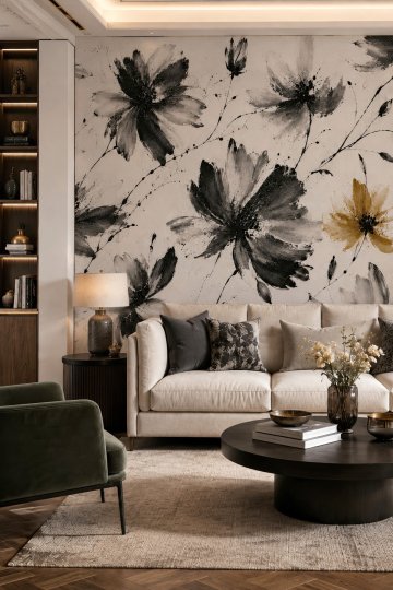Dreamwall Altın Nota- Monokrom ve Sarı Çiçekli Sanatsal Desenli Tek Parça Tekstil Duvar Kağıdı küçük görsel 3