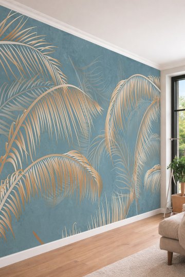 Dreamwall Altın Palmiye Yaprağı Desenli Lüks Tek Parça Tekstil Duvar Kağıdı