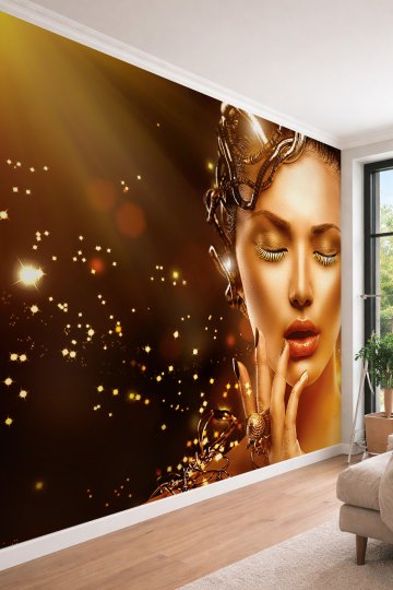 Dreamwall Altın Renkli Kadın Portresi ve Işıltı Efektli Sanatsal Tek Parça Tekstil Duvar Kağıdı