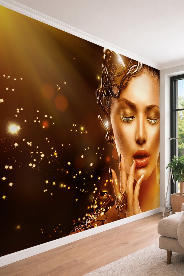 Dreamwall Altın Renkli Kadın Portresi ve Işıltı Efektli Sanatsal Tek Parça Tekstil Duvar Kağıdı