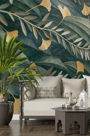 Dreamwall Altın Sarısı Ginkgo Yaprakları ve Zeytin Dalı Motifli Lüks Tek Parça Tekstil Duvar Kağıdı  küçük görsel 2