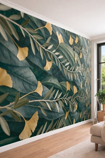 Dreamwall Altın Sarısı Ginkgo Yaprakları ve Zeytin Dalı Motifli Lüks Tek Parça Tekstil Duvar Kağıdı  küçük görsel 1