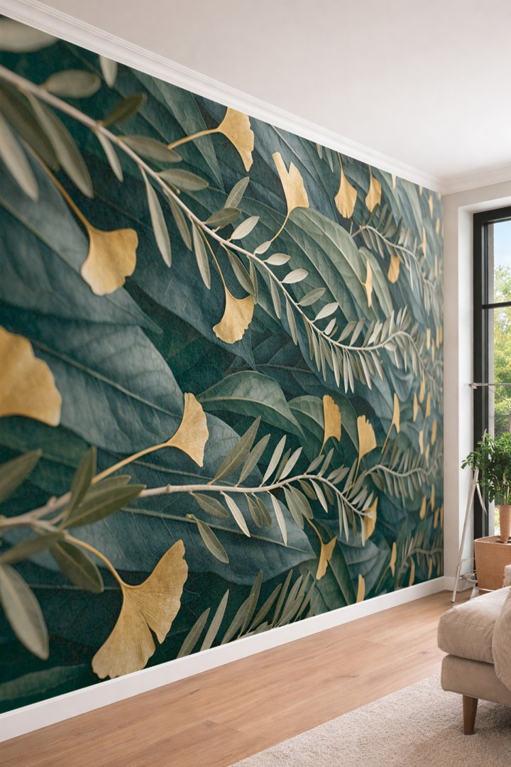 Dreamwall Altın Sarısı Ginkgo Yaprakları ve Zeytin Dalı Motifli Lüks Tek Parça Tekstil Duvar Kağıdı 