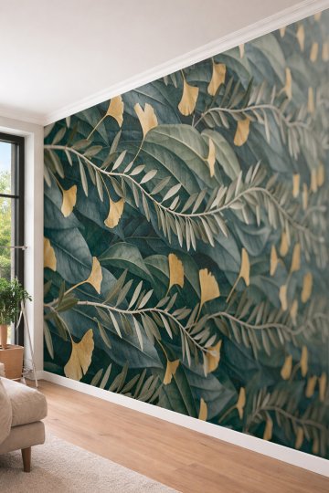 Dreamwall Altın Sarısı Ginkgo Yaprakları ve Zeytin Dalı Motifli Lüks Tek Parça Tekstil Duvar Kağıdı  küçük görsel 3