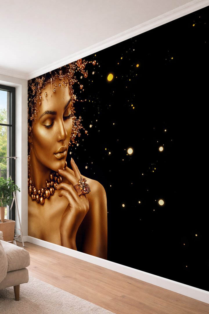 Dreamwall Altın Takı İnci Detaylı Kadın Portresi Temalı Lüks ve Modern Tek Parça Tekstil Duvar Kağıd...